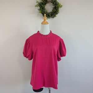 LUCKY & COCO Hot Pink Bubble Sleeve Pintuck/Ruffle Neck